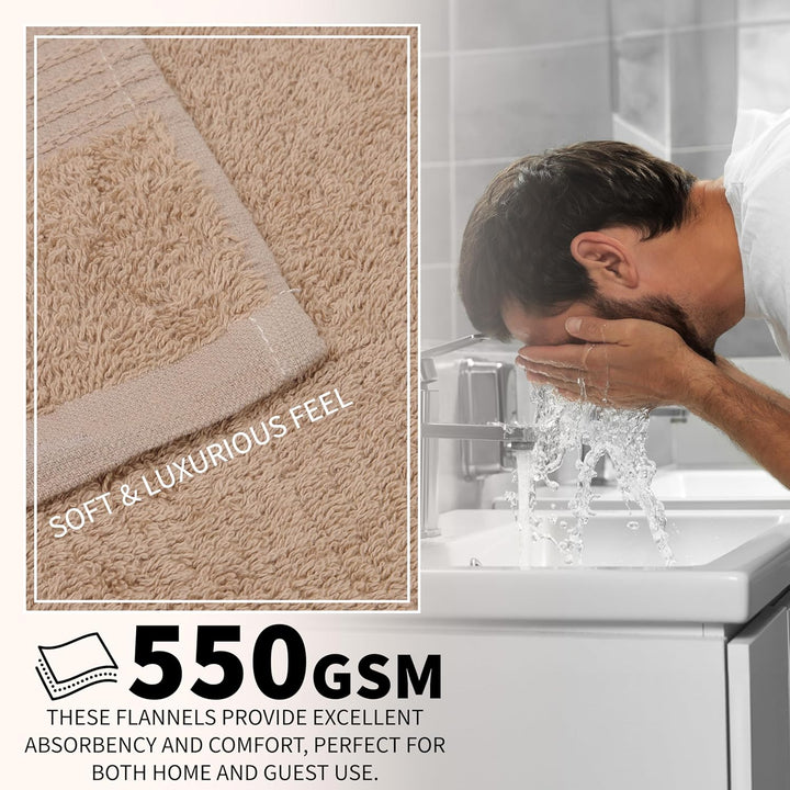 Flannels Pack of 12 Face Towels 100% Cotton 550 GSM 30X30Cm Highly Absorbent Soft Wash Cloth Household Essentials (Brown - 12 Pack)