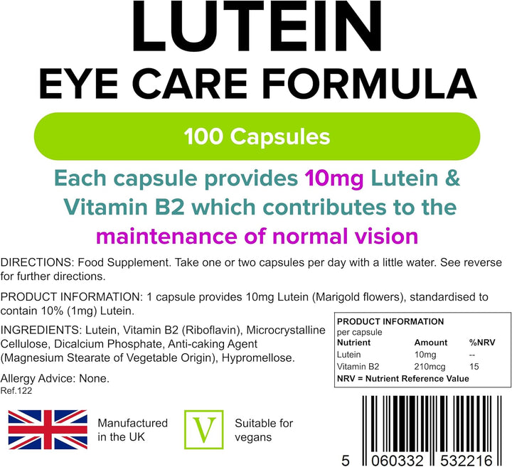 - Lutein 10Mg, 100 Capsules - UK Made - Marigold Extract with Vitamin B2 - Vision & Eye Health, Standardised Potent Extract - Letterbox Friendly - Vegan