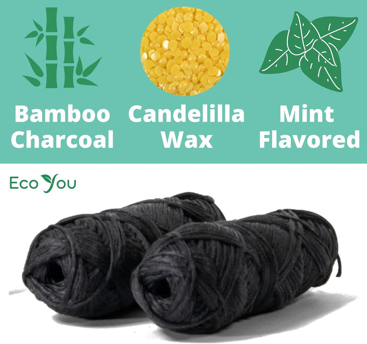Eco Floss | 2 Charcoal Dental Floss Refills + Dental Floss Holder | Mint & Candelilla Wax | Bamboo Floss