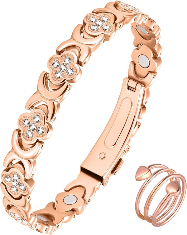 99% Copper Bracelet for Women,Magnetic Bracelet for Women with Lucky Clover Design,Adjustable Length with Sizing Tool in Gift Box(Rose Gold)