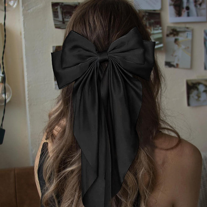 2 PCS Big Bow Hair Clips with Long Silky Satin, Solid Color French Barrette Simple Hair Fastener Accessories for Women Girls