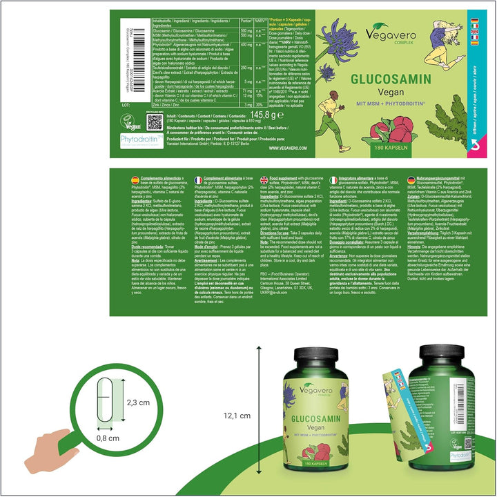 Vegan Glucosamine Complex | with Chondroitin, MSM, Devil'S Claw and VIT C | NO Additives, Lab-Tested | Joint Pain Relief | 180 Capsules