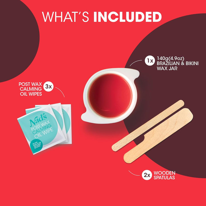 Brazilian & Bikini Wax Kit, Strip Free Hard Wax, Intimate Waxing Kit, Includes 3 Wooden Spatulas, 3 X Oil Wipes & Hot Wax 140G