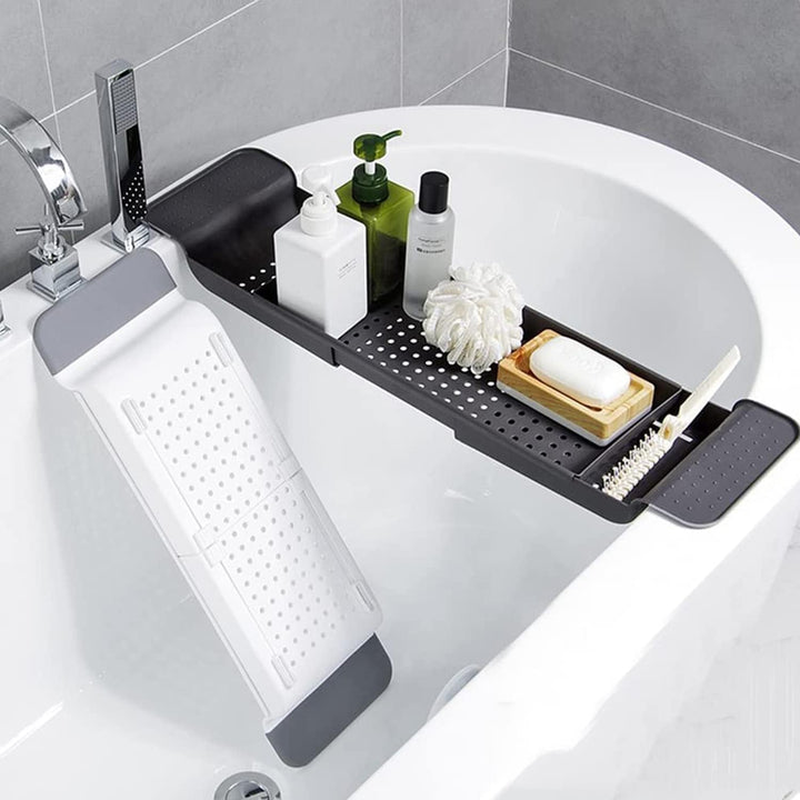 Expandable Drain Bath Shelf Caddy Tray, Multifunctional Plastic Bathtub Tray Bathroom Organizer Simple Stylish Bathtub Storage Rack for Candle Towel, Book, Wine, Phone, Shower (White)