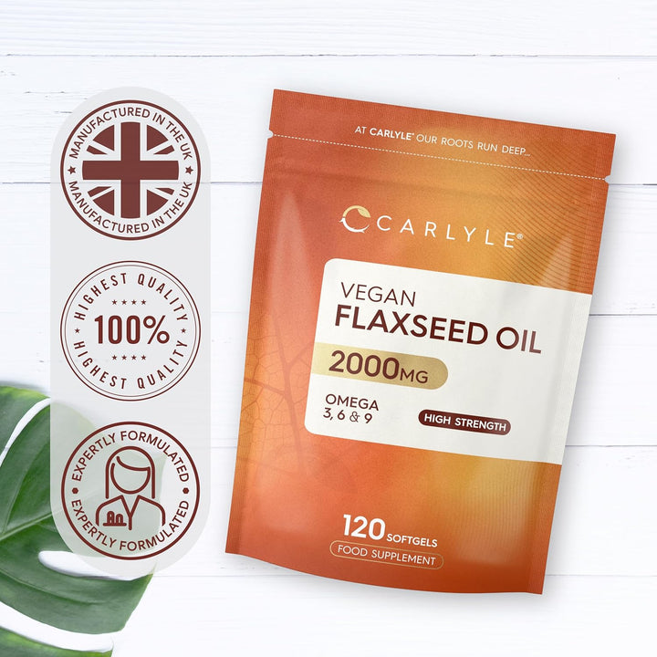 Flaxseed Oil Capsules 2000Mg | 120 Vegan Softgels | High Strength Supplement with Omega 3 6 & 9 | Cold Pressed | by