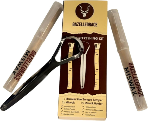 Miswak Stick Oral Care Kit – 2 Miswak with 2 Holders & 1 Stainless Steel Tongue Scraper | Tongue Cleaner for Adults | Eco-Friendly Fresh Breath Support