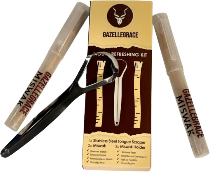 Miswak Stick Oral Care Kit – 2 Miswak with 2 Holders & 1 Stainless Steel Tongue Scraper | Tongue Cleaner for Adults | Eco-Friendly Fresh Breath Support