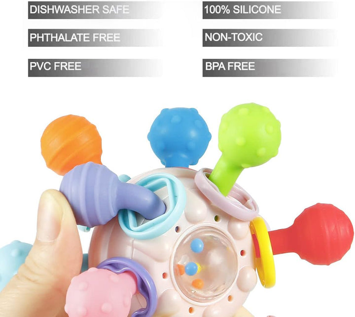 Baby Sensory Toys for 0-6 Months, Silicone Teething Toy with Grasping Activity, Infant Rattle Teether, BPA Free