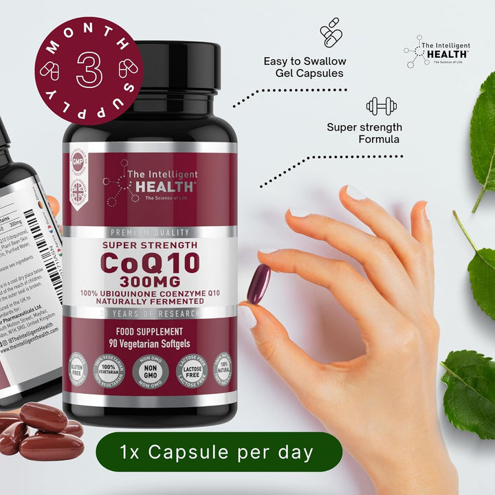 Ubiquinone Co Enzyme Q10 Softgel Capsules, Super Strength Vegan Friendly Naturally Fermented High Absorption Coq10 Capsules Made in the UK to GMP Standards -  (90 Count, 300 Mg)
