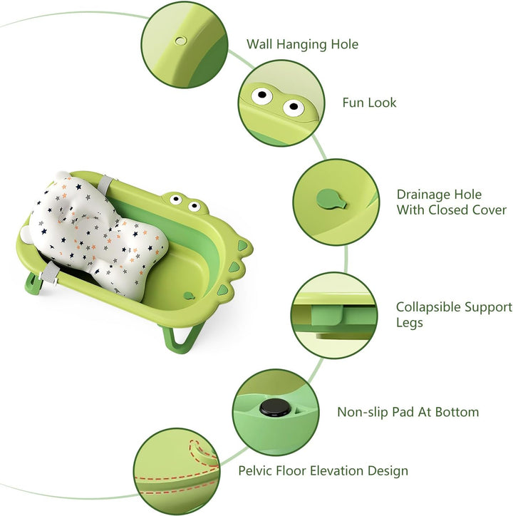 Baby Crocodile Bathtub,Foldable Bath Tub Collapsible Bathtub with Baths Support Cushion Pad Seat Mat, Baby Bath Essentials for Newborn, Anti-Slip Infant Tubs Soft Bathing for 0-3 Years