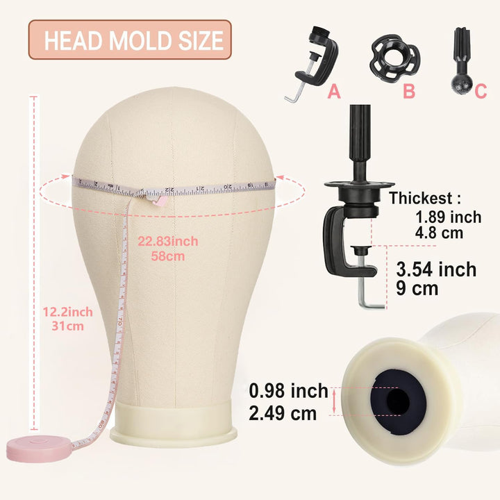 23 Inch Canvas Mannequin Head Block for Wig Making & Display, Tripod Stand with Wig Caps, T & C Pins Set, Bristle Brush