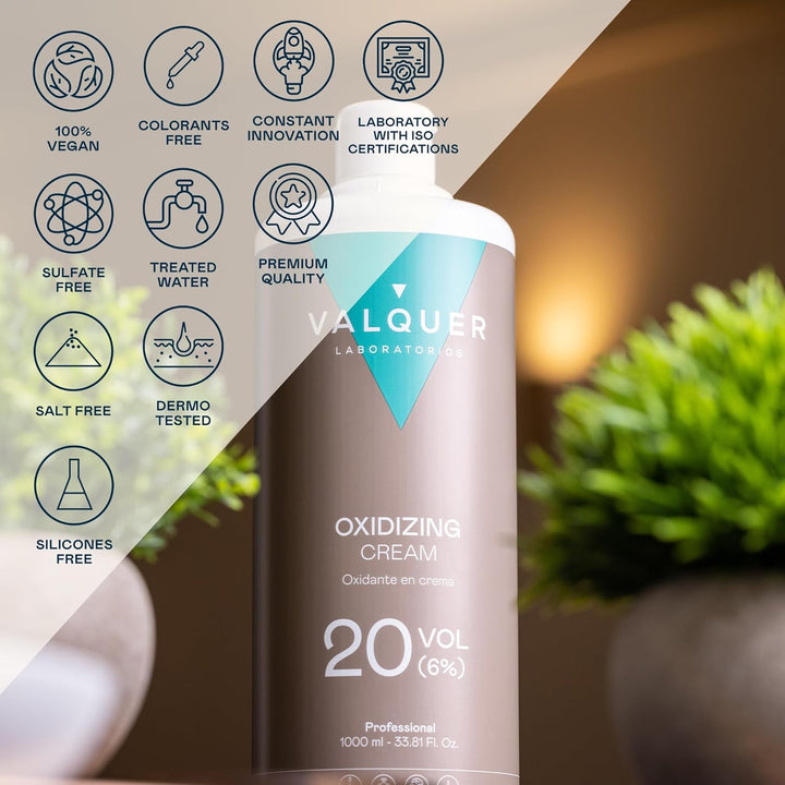 VALQUER Stabilized Hydrogen Peroxide Cream 20 Volume 6%, Oxidizer for Permanent Hair Coloring and Bleaching. Vegan Formulation with Natural Ingredients. Professional Use. 1L.