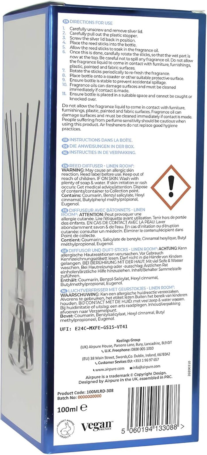 Reed Diffuser, 100Ml Oil Set with Sticks, 8X Black Reeds, Continuous Room Scent, Diffusers for Home Use in Living Room, Kitchen or as Bathroom Freshener - Linen Room Fragrance