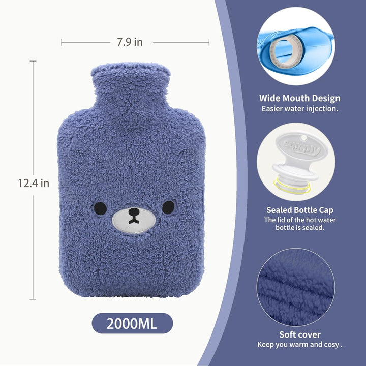 Hot Water Bottle with Cute Fleece Cover, 2L Hot Water Bag for Hot and Cold Compress, Hand Feet Warmer, Neck and Shoulder Pain Relief,Bear Blue