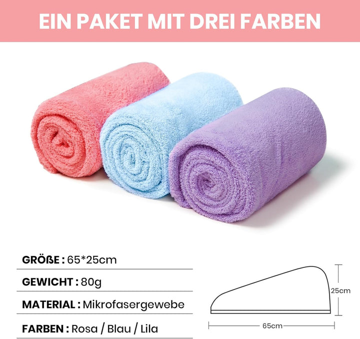 Hair Towel Wrap 3 Pack Microfibre for Long Hair Super Absorbent Soft Women Quick Dry Daily Use