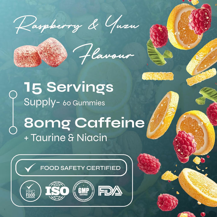 Pre-Workout Gummies – Raspberry & Yuzu Flavour – Vegan Gummy Supplement – Caffeine, Taurine, Citrulline, Alanine & Vitamins D3, B3, B6, C – Energy, Focus & Endurance – 15 Servings – Men & Women