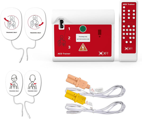 AED Trainer, Portable Defibrillator Trainer Set CPR Training Device with Remote Control, English and German Voice Prompts, 10 Different Scenarios, First Aid Defibrillator Trainee Beginner ( 120C)