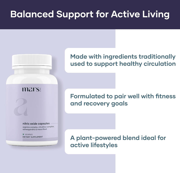 Mars Nitric Oxide Capsules – with L-Arginine, L-Citrulline & Adaptogenic Blend | Supports Energy, Circulation & Muscle Recovery | 60 Capsules