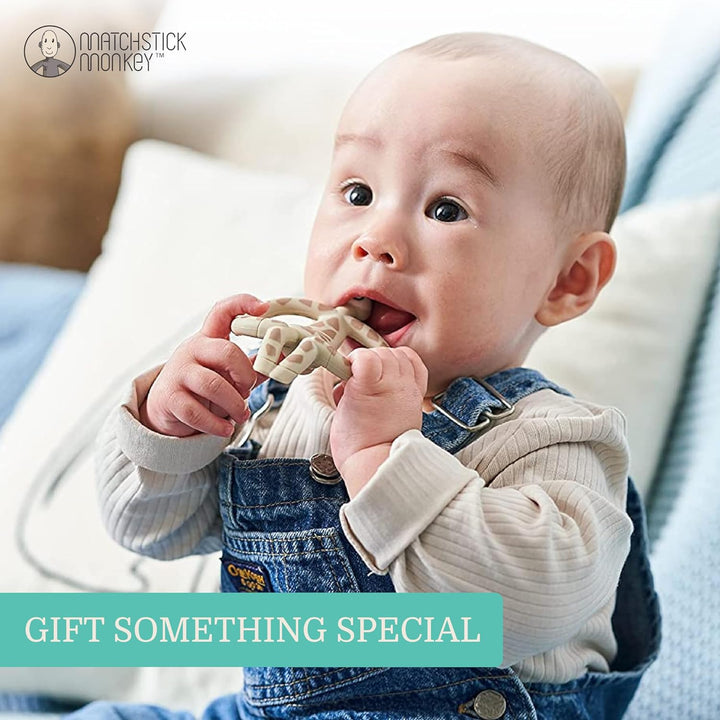 , Antimicrobial Teething Starter Set - 1 Flat Face Teether, 1 Animal Teether, 2 Silicone Finger Toothbrushes, 3 Months Old+, Gigi Giraffe