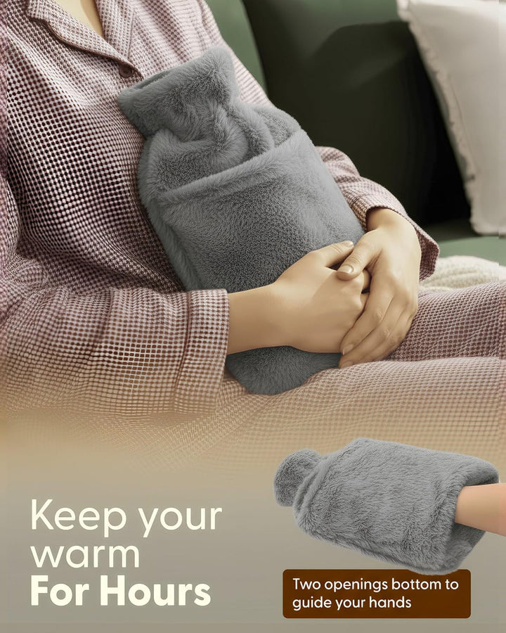 Hot Water Bottle 2L with Soft Faux Fur Cover, Leakproof Natural Rubber, Long Lasting Warmth for Neck, Back & Hands, Fluffy Cosy Design for Men & Women, Winter Comfort - Grey