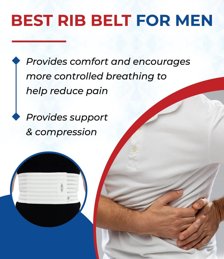 Breathable Elastic Rib Brace for Men, Ideal Compression Support Wrap/Belt for Broken, Cracked, Dislocated & Fractured Ribs, Made in USA (White, Medium)