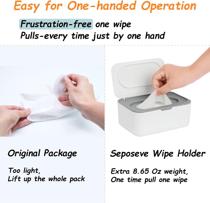Wipes Dispenser, Wipe Holder for Baby & Adult,  Refillable Wipe Container, Keeps Wipes Fresh, One-Handed Operation. Non-Slip, Easy Open/Close Wipes Pouch Case, Grey