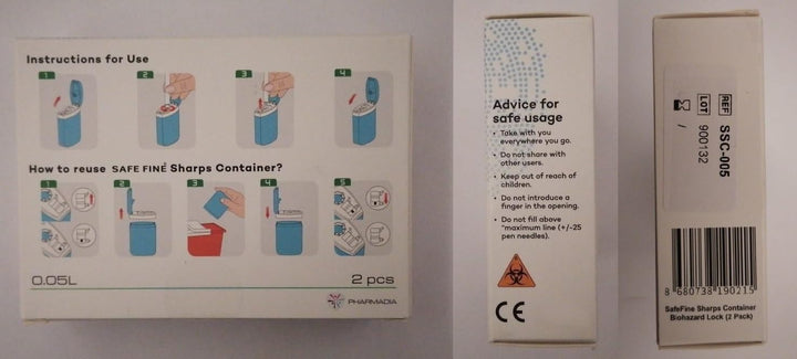 Travel Size Sharps Disposal Container for Diabetic Pen Needles, Blood Lancets and Test Strips - Compact Size Sharps Bin for Travel and Daily Personal Use - 2 Pieces Multiple Use Pack