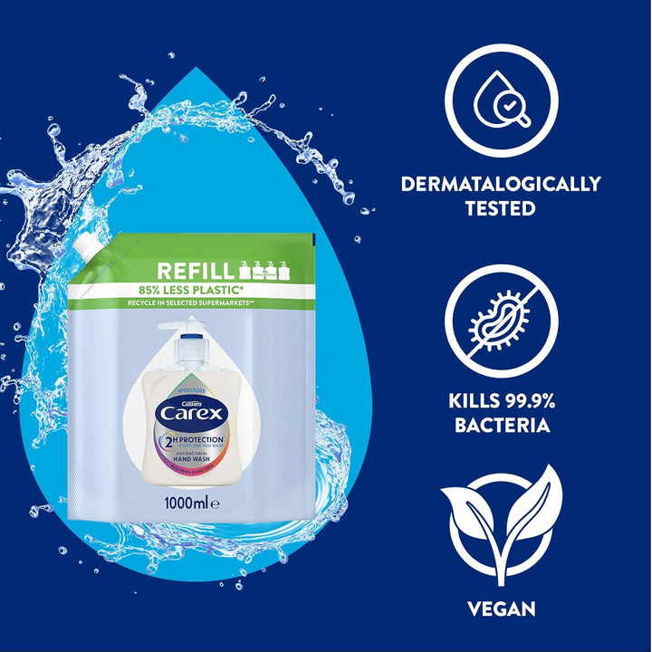 2 Hour Protection Antibacterial Moisture Hand Wash Refills, Liquid Hand Soap Eco Refill for Homes & Businesses, Caring Hand Wash, Bulk Buy, Pack of 3 X 1 Litre