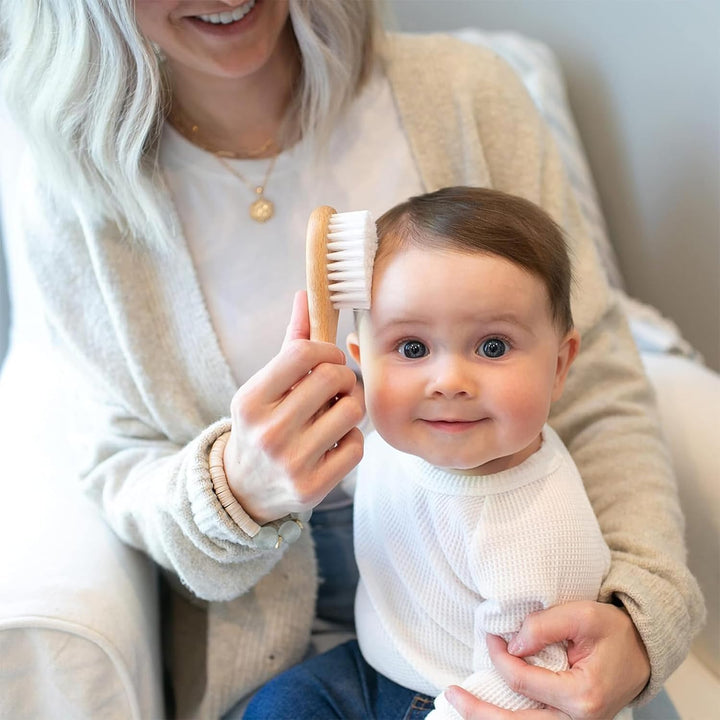 Baby Hair Brush and Comb Set for Newborns, Infants and Toddlers, Brush with Natural Wooden Handle and Super Soft Goat Bristles, Gently Grooms Hair, Maintain Scalp Health, Prevent Cradle Cap