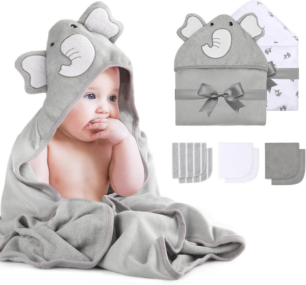 Hooded Baby Towel Set, 8-Piece Baby Bath Towel Set, 2Pcs Baby Towel and 6Pcs Baby Wash Cloth, Soft and Super Absorbent Baby Washcloths for Toddlers, Baby Shower Set Cute Elephant