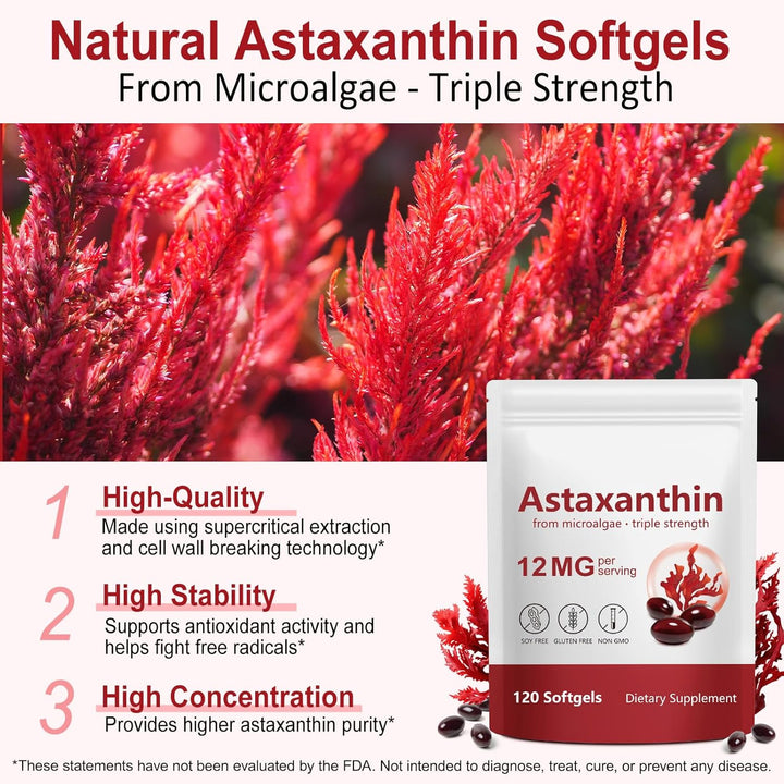 Astaxanthin Supplement 12Mg - 120 Softgels, Premium Astaxanthin Antioxidant Supplements, Fresh Microalgae Source | Supports Eye, Joint, Internal Circulation, Skin Health & Natural Tanning