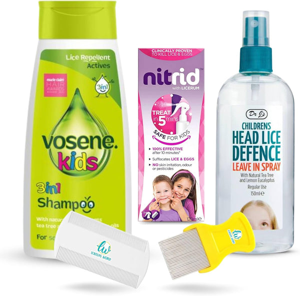 Head Lice Treatment Kit with 1 X Nitrid Headlice Treatment Spray 120Ml, 1 X Vosene 3-In-1 Lice Shampoo, 1 X Dr J'S Head Lice Defence Spray Bundle with 2 X  Nit Combs