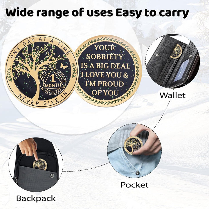One Month Sobriety Coin AA Chips and Medallions Tree of Life Recovery Coins 30 Days Anniversary Token Sobriety Gifts for Men Women Alcoholics Anonymous Gifts
