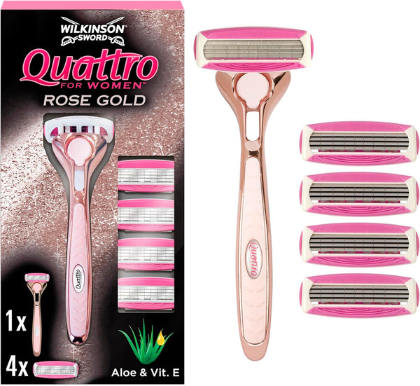 - Quattro for Women | Premium Metal Rose Gold | Razor Handle + 4 Blade Refills