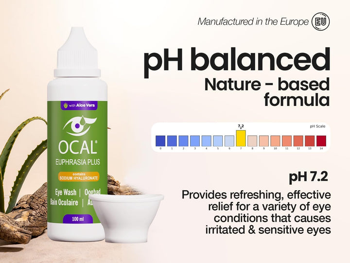 Euphrasia plus Eye Wash – 100Ml | with Aloe Vera & Sodium Hyaluronate | for Red, Tired, Gritty Eyes | Includes Eye Cup | Ph 7.2 Buffered | Gentle Daily Cleanse