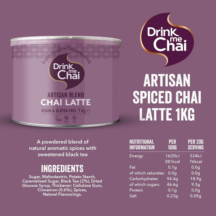 Artisan Blend Chai Latte 1Kg (Pack of 1), Just Add Milk, Vegan & Gluten Free Chai Latte Powder (50 Servings Total)