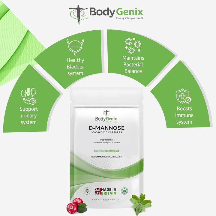 D-Mannose 1000Mg Capsules - High Strength Pure D-Mannose Capsule for Urinary Infections & Support Immune System - Daily Vegan Friendly Supplement for Men and Women - 120 Caps 4 Month Supply