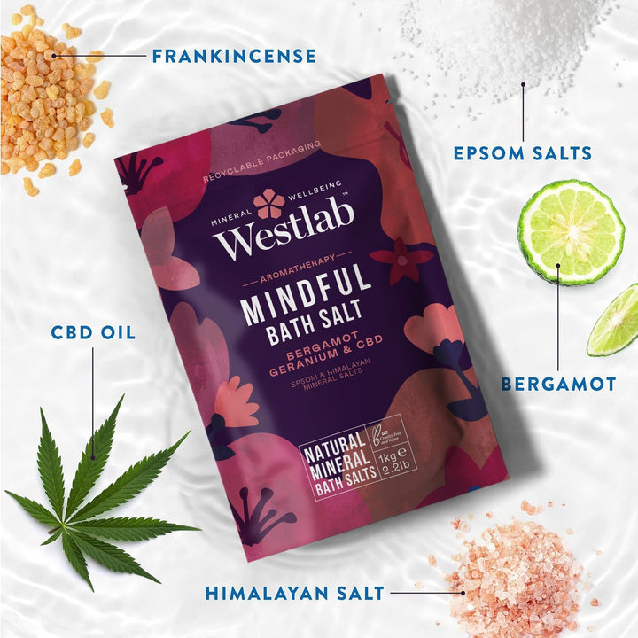 Mindful CBD Bath Salts 1Kg - Epsom & Himalayan Salts Infused with Bergamot, Geranium for Calming and Soothing, Guaranteed Purity.