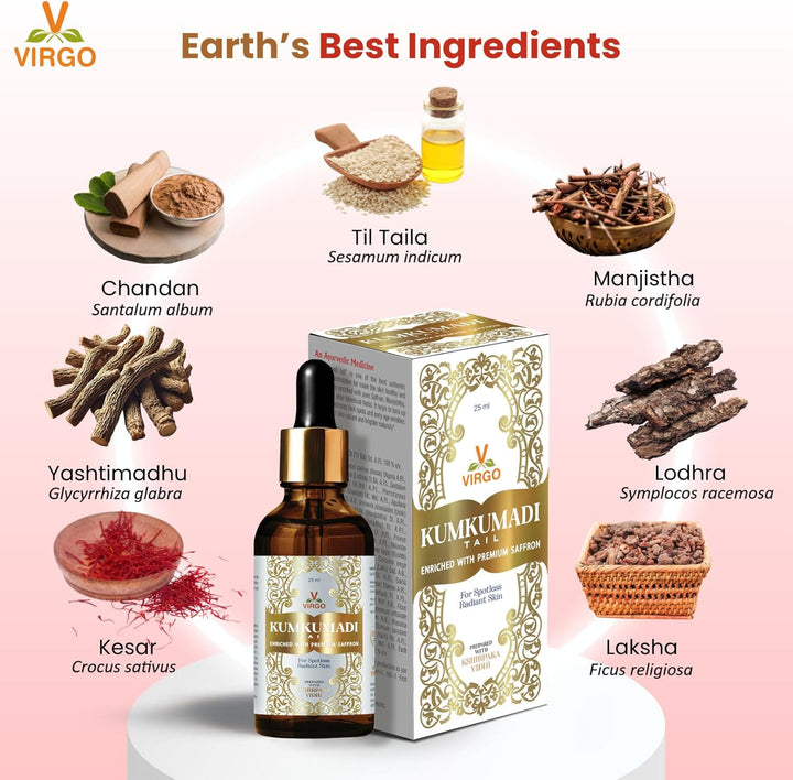 Ayurvedic Kumkumadi Oil with Premium Saffron | Face & Skin Treatment 25Ml - Reduce Early Age Wrinkles, Dark Spots, Pimples | Brighten Dull Skin Tone | Rejuvenating
