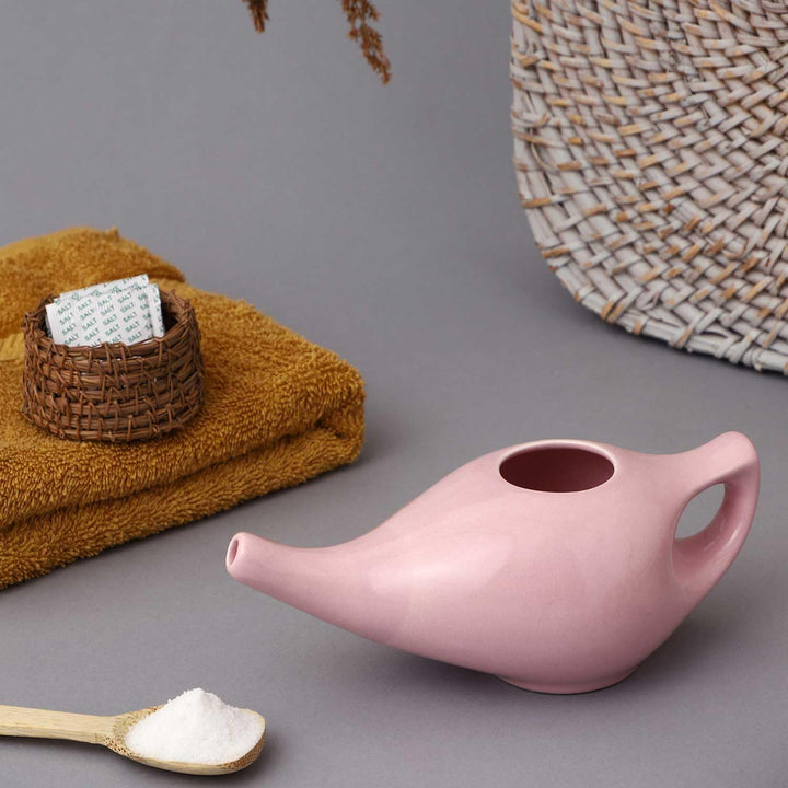 Ancient Impex Porcelain Ceramic Neti Pot with 05 Sachet Neti Salt for Nasal Cleansing - Peach Color