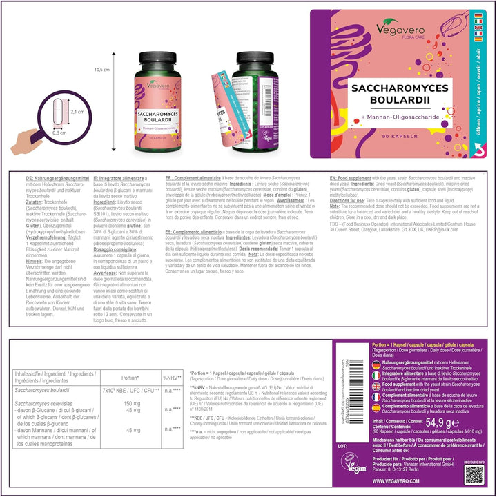 Saccharomyces Boulardii | Prebiotic and Probiotic Supplements | NO Additives | 7 Billion CFU per Capsule | 350 Mg S. Boulardi & 150Mg S. Cerevisiae | Vegan