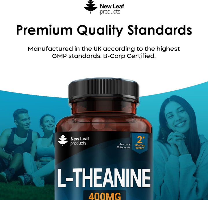 L Theanine Enriched with Vitamin B6 - High Strength L Theanine 400Mg Natural Nootropics from Green Tea - 120 Vegan L-Theanine Capsules - Made in the UK Theanine Supplements by New Leaf