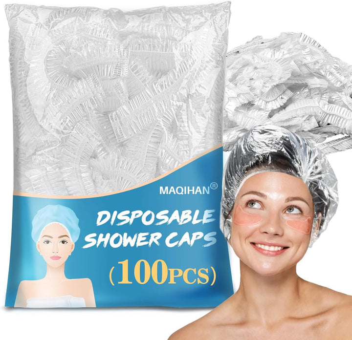 100 Disposable Shower Caps Unisex - Large Plastic Hair Caps for Deep Conditioning Shower Cap Reusable Waterproof for Women Men Hair Treatment Bath Cap for Long Hair Travel Essentials
