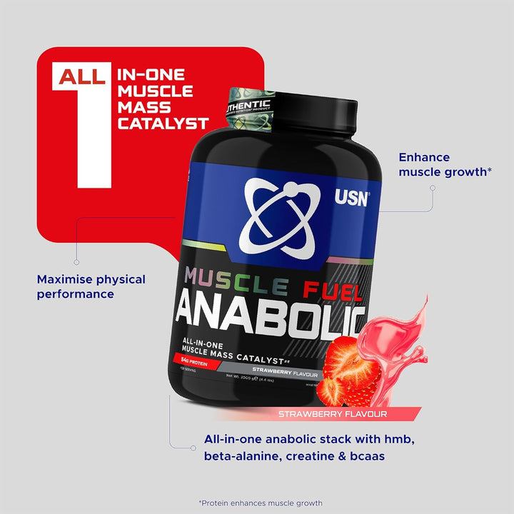 Muscle Fuel Anabolic All-In-One Muscle Mass Gainer, Strawberry Flavour - 2Kg, 54G Protein Powder, 5G Creatine Powder & 5G BCAA Powder for Maximum Muscle Growth, Post Workout Recovery Drink Mix