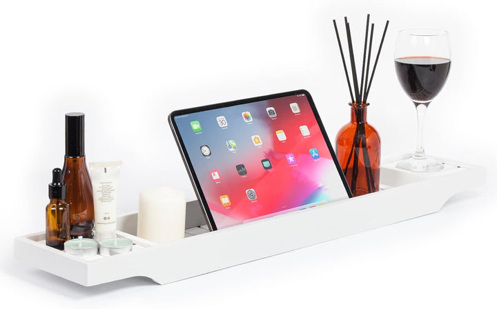 Slimline Acacia Wood Bathtub Caddy Tray Bridge Wooden Bath Rack Bathroom Accessory Bath Shelf over Tub Bathroom Board Storage Shelf Tidy Relax Organiser, 70 X 14.5 X 7.5 Cm - Natural