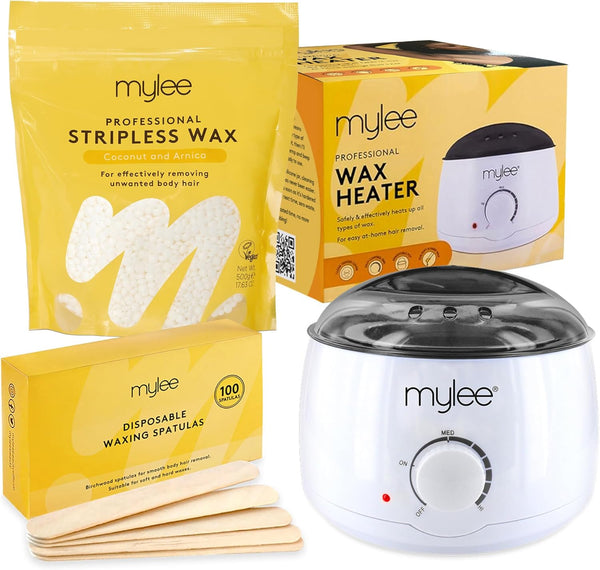 Professional Waxing Kit with Wax Heater, Hard Wax Beads 500G, Spatulas - Stripless Depilatory Waxing Pellets Solid Film Beans No Strip Needed (Coconut & Arnica)