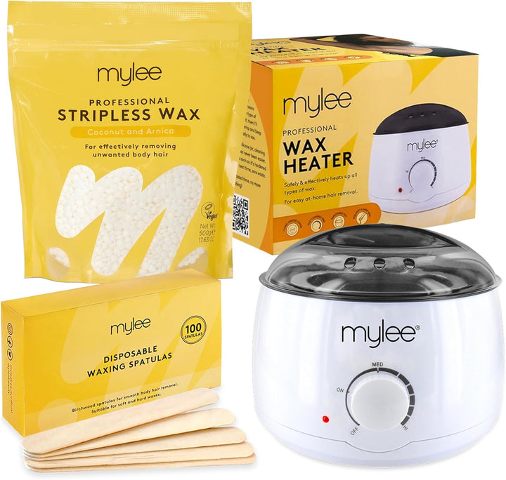 Professional Waxing Kit with Wax Heater, Hard Wax Beads 500G, Spatulas - Stripless Depilatory Waxing Pellets Solid Film Beans No Strip Needed (Coconut & Arnica)