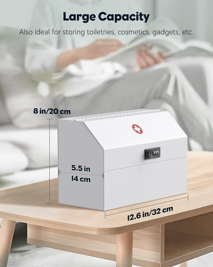 Wall Mount Medicine Cabinet with Combination Lock Locking First Aid Cabinet Lockable Medical Cabinet Small Medicine Organizer Metal Storage Box, White