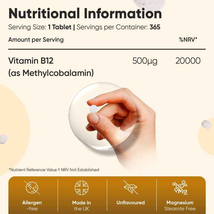 Vitamin B12 500Mcg | Vegan | 365 B12 Vitamin Tablets (1 Year Supply) | 100% Pure Methylcobalamin Tablets | Gluten-Free | Made in the UK