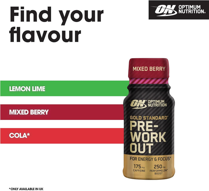 Gold Standard Pre-Workout Energy Shot, Ready to Drink Food Supplement with Beta Alanine, Caffeine, Performelon Boost and Vitamin B6 and B12, Mixed Berry Flavour, 12-Pack, 12 X 60 Ml